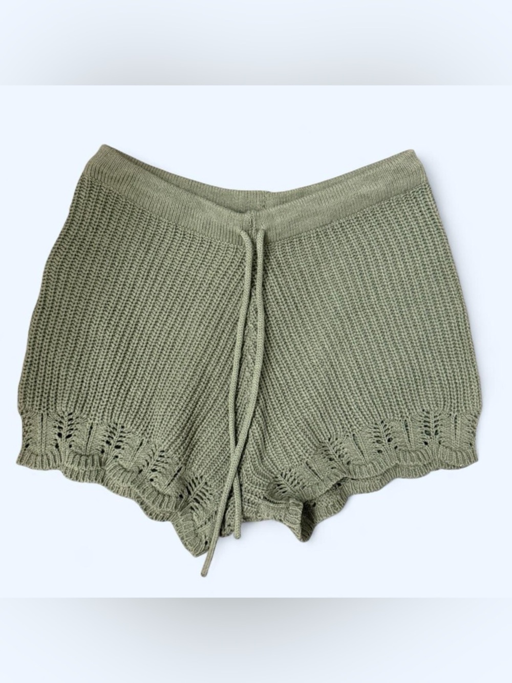 High-Waist Olive Knit Scalloped Lounge Shorts